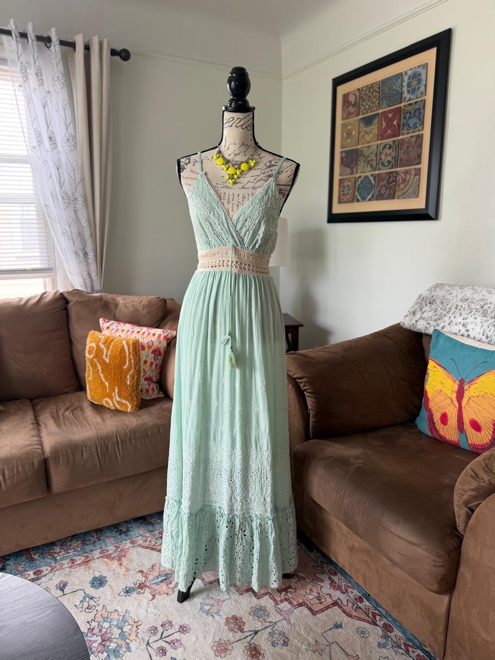 Boho Lace-Trim Mint Maxi Dress with Crochet Waist